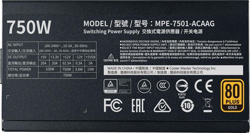 Блок питания Cooler Master MWE Gold 750W V2 FM (MPE-7501-AFAAG) 1358295 фото