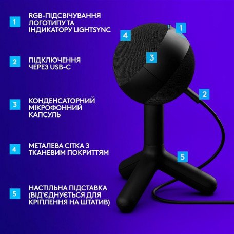 Фото Мікрофон для ПК/ для стрімінгу, подкастів Logitech Yeti ORB RGB Black (988-000551)